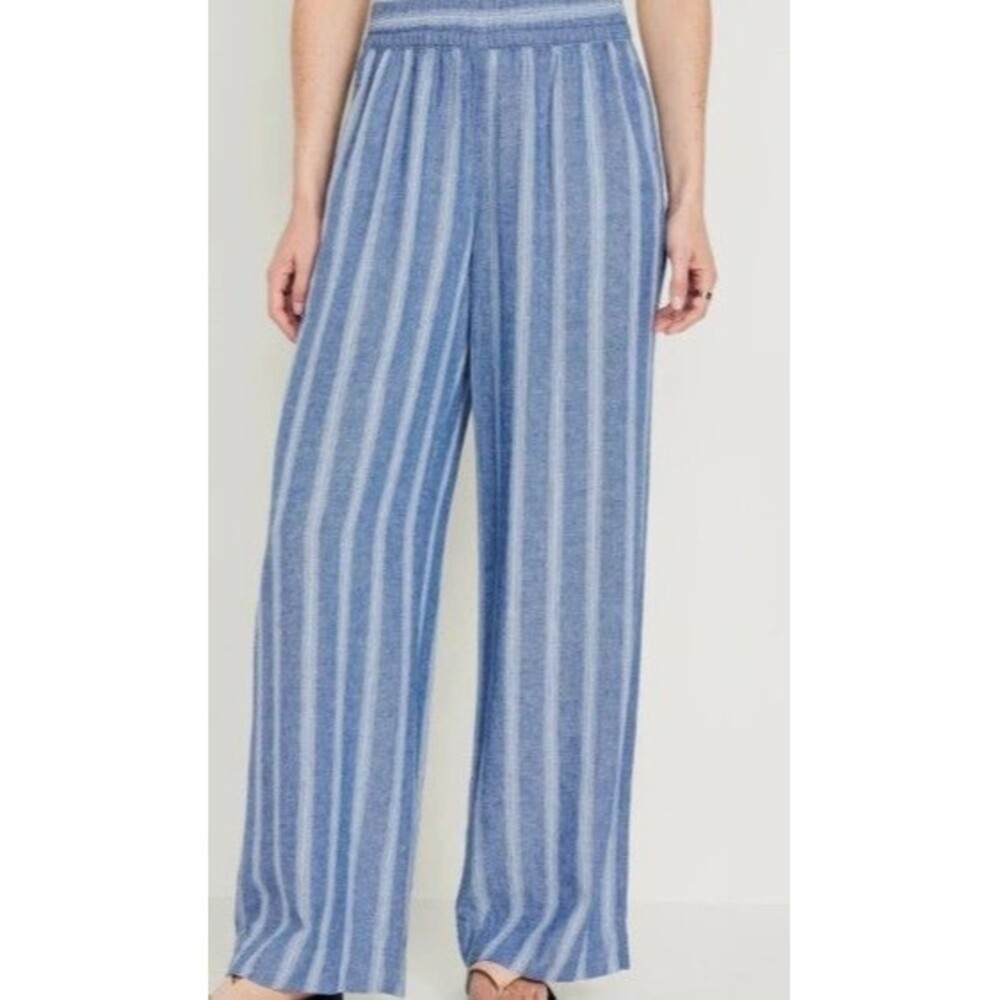 Old Navy High Rise Blue Striped Wide Leg Linen Blend Beachy Coast Size XL